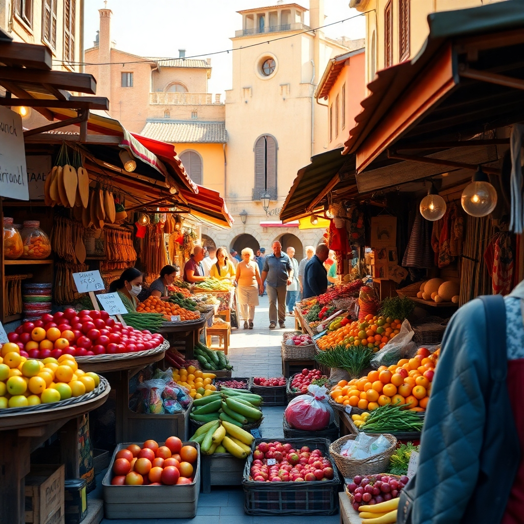 Photorealistic image, 8K resolution, hyperrealistic detail.  A vibrant farmers market brimming with locally sourced produce, artisanal crafts, and friendly vendors. Soft, diffused sunlight illuminates the scene, casting gentle shadows. Warm, inviting color palette with rich earth tones, bright fruit colors, and the subtle gleam of handcrafted wooden items. Shot from a slightly elevated angle, showcasing the bustling atmosphere and diversity of goods.  Textures include the rough bark of wooden stalls, the smooth skin of ripe fruits, and the intricate weave of handwoven textiles.  Background features a charming, historic town square with traditional architecture.  The overall mood is lively and positive, conveying a sense of community and local pride. In the style of Steve McCurry's vibrant street photography, emphasizing human connection and cultural richness. Include details such as price signs, smiling faces, and the bustling activity of buying and selling. 
