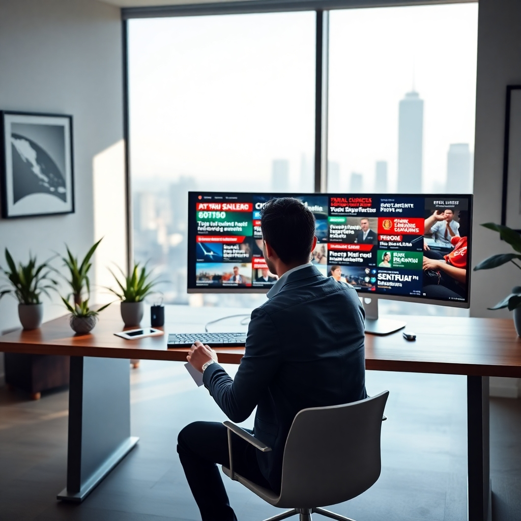 Photorealistic image, 8K resolution, hyperrealistic detail. A person sits at a sleek, modern desk, bathed in soft, diffused natural light from a large window. The desk is minimalist, with a high-resolution monitor displaying a variety of news headlines from different countries in multiple languages. The color palette is cool and neutral, with pops of color from the news headlines. The background is blurred, showing a cityscape with skyscrapers. The camera angle is slightly elevated, looking down on the desk and person. The person is wearing smart casual attire. The texture of the wood desk, the glass of the monitor, and the fabric of the clothing should be highly detailed. The overall mood is calm, focused, and informative. Style reference: Annie Leibovitz. Environmental elements include plants and modern artwork on the wall. Props include a wireless keyboard and mouse. Render with physically-based rendering techniques.