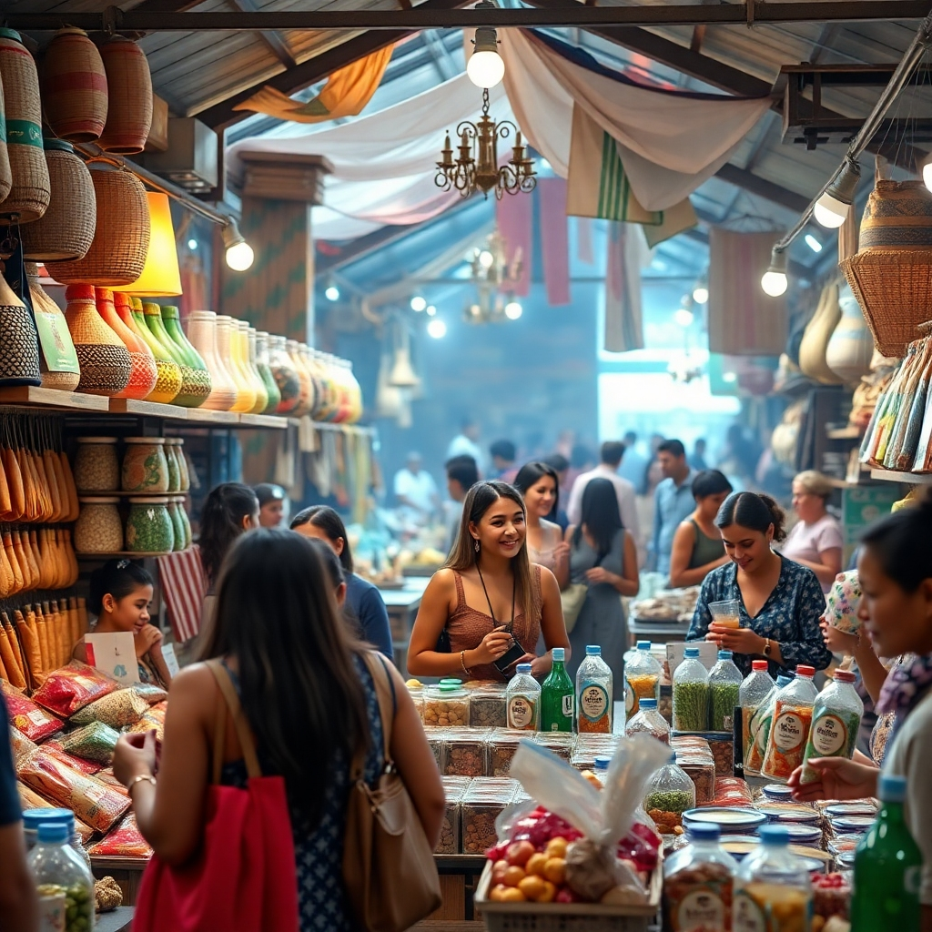 Photorealistic image of a bustling marketplace showcasing a diverse range of locally made products, with happy customers interacting with vendors.  The image should feel vibrant and energetic, showing a sense of community and economic activity.  Subtle branding of an online marketplace or resource hub could be incorporated in the background.