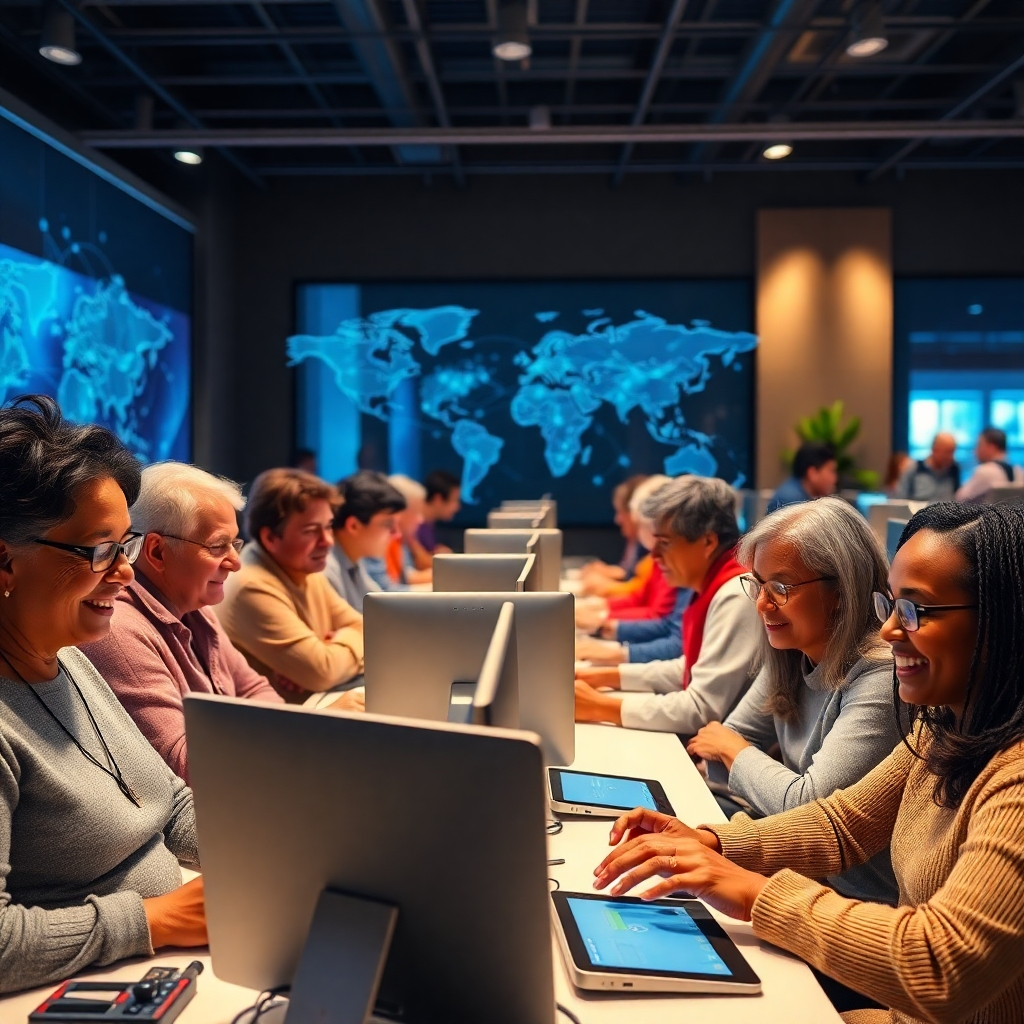 Photorealistic image of a community center with people of all ages using computers and tablets. The scene should be bright and welcoming, showcasing digital inclusion with a diverse range of individuals confidently engaging with technology. The background could subtly feature global connectivity imagery, like fiber optic cables or a world map.
