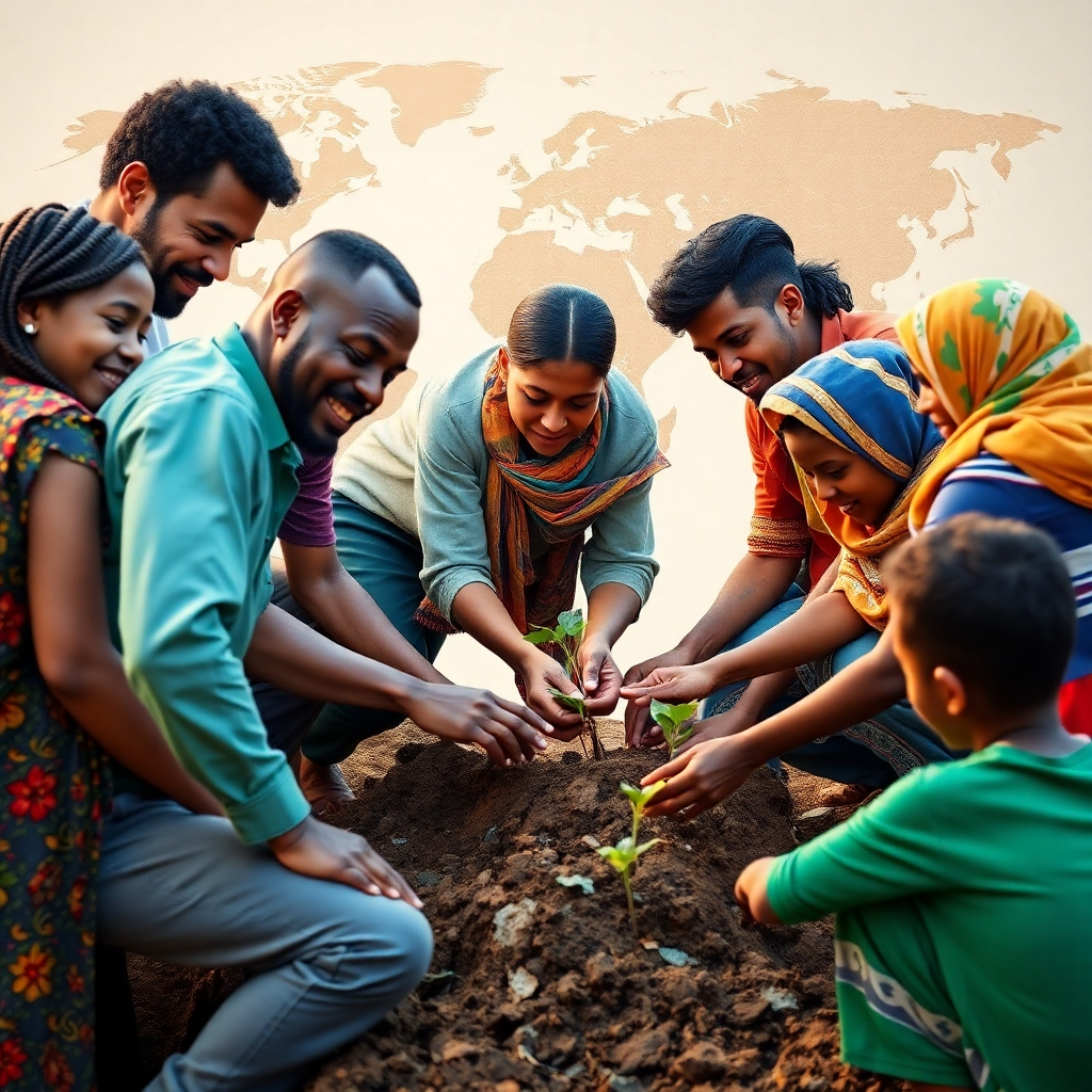 Photorealistic image of a diverse group of people from different countries collaborating on a community project, perhaps building a school or planting trees, with a global map subtly in the background, showing connections between their locations. The image should feel vibrant, hopeful, and collaborative, emphasizing the diversity and teamwork.