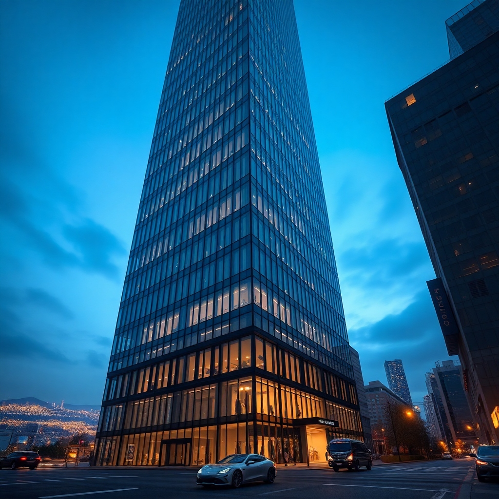 Ultra-high definition image, cinematic lighting, hyperrealistic rendering. A modern, glass-fronted skyscraper at dusk, reflecting the city lights. Dramatic side lighting creates sharp shadows and highlights the architectural details. Cool, sophisticated color palette dominated by blues, greys, and blacks, with accents of warm light from interior spaces. The camera angle is a low-angle shot emphasizing the imposing scale of the building. Textures include the smooth, reflective glass of the facade, the cold steel of the framework, and the warm glow of interior lighting.  The background features a sprawling cityscape at night, with twinkling lights and the distant glow of skyscrapers.  The overall mood is one of ambition, success, and global connectivity. In the style of a high-end corporate brochure, emphasizing sleek design and modern aesthetics. Show details like a corporate logo on the building, sleek cars parked outside, and people in business attire entering and exiting the building.