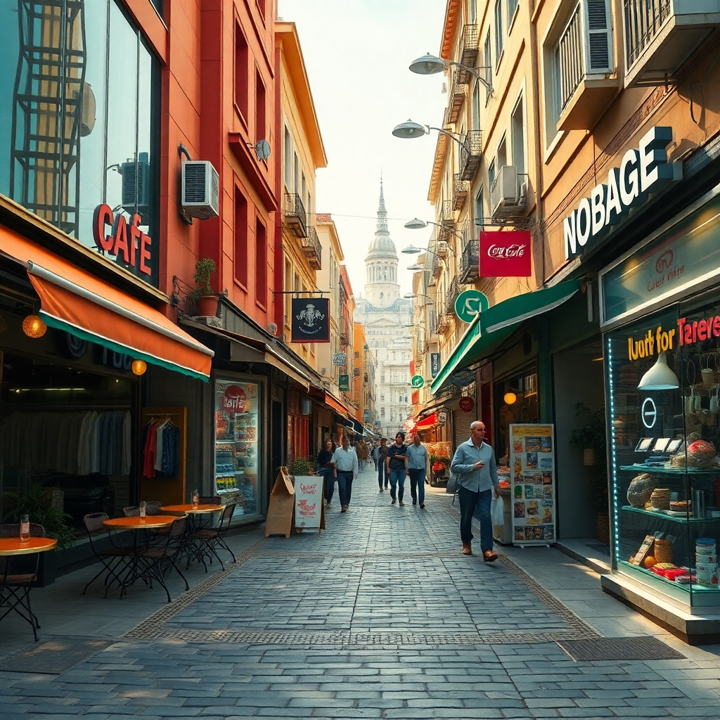 Ultra-high definition image, cinematic lighting. A vibrant street scene with diverse businesses represented: a cafe with outdoor seating, a boutique clothing store, a bustling market stall, and a technology shop displaying sleek gadgets. The color palette is warm and inviting, with rich textures and varied lighting across the scene. Camera angle is from a street-level perspective, slightly elevated to capture the entire scene. Materials should be highly detailed: the rough texture of cobblestones, the smooth glass of shop windows, the woven textures of market goods. The overall mood should be energetic and optimistic. Style reference: Steve McCurry. Environmental elements include streetlights, greenery, and people interacting naturally in the street. Background details include iconic local landmarks visible in the distance. Props include shop signs, menus, and displays of goods. Render using ray tracing for realistic lighting and shadows.