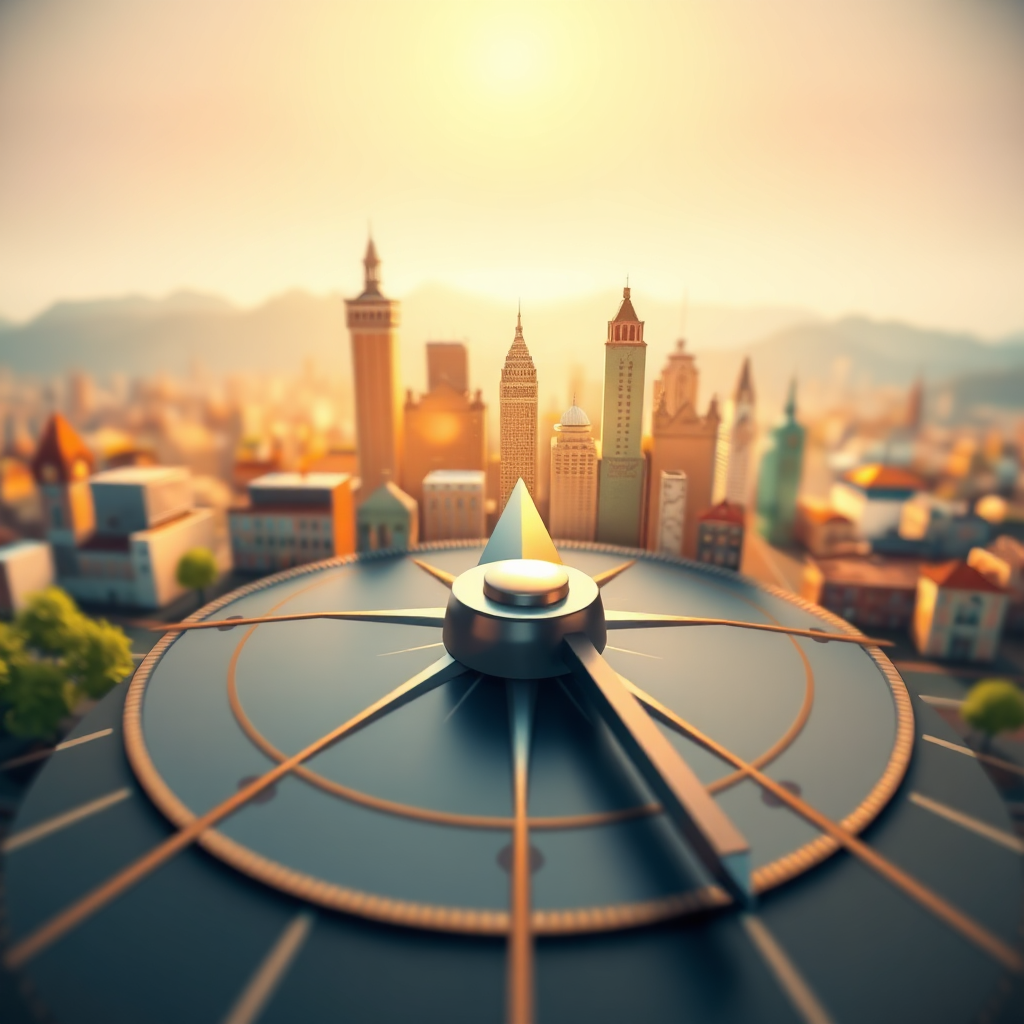 Visualize a stylized compass pointing towards a cityscape with local landmarks. The compass needle should be formed from data points, highlighting the analytical aspect of the insights. The color palette should be warm and inviting, reflecting the community aspect of local markets. The lighting should be soft and natural, creating a sense of familiarity and trust. 4k resolution, focus on detail and texture.