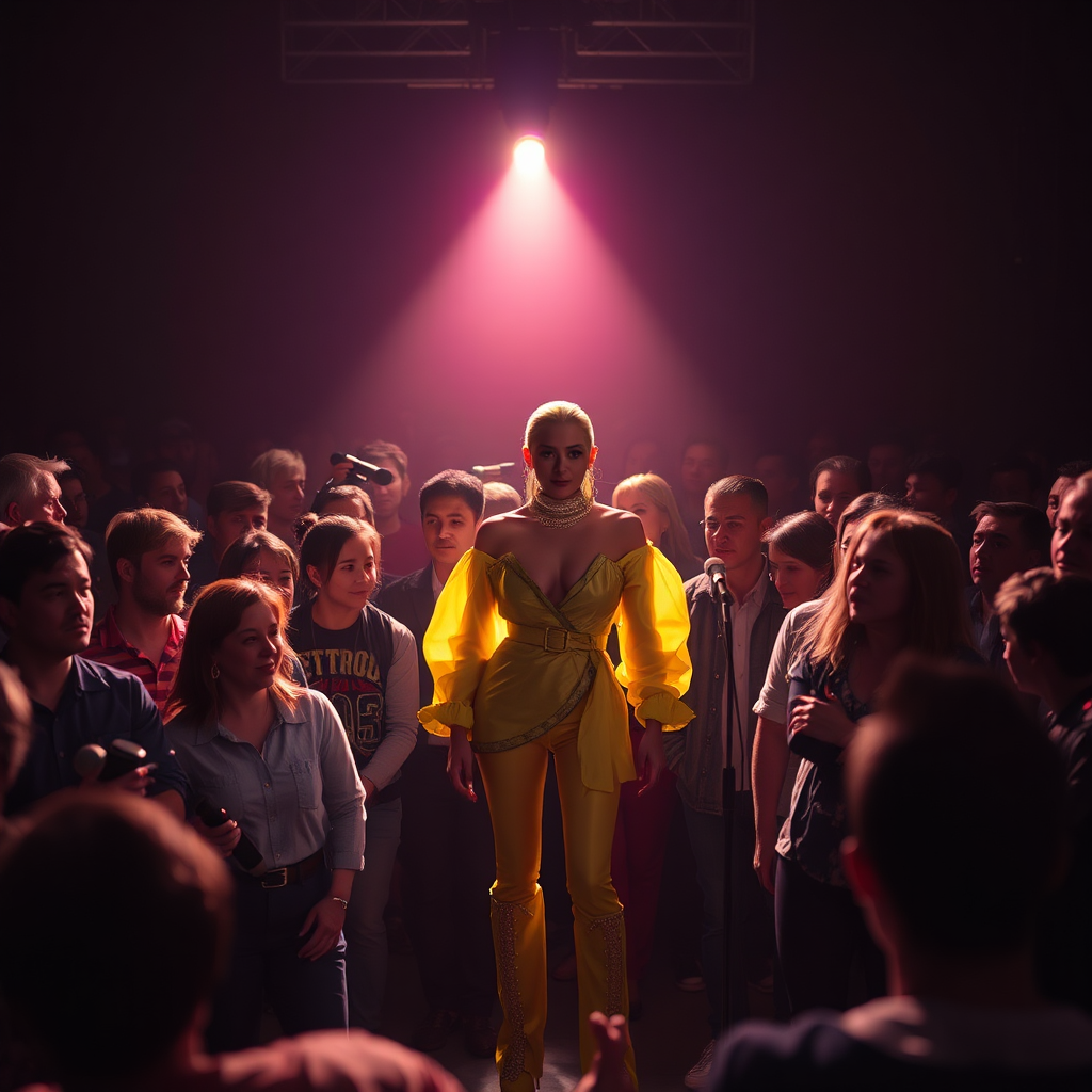 Visualize a stylized image of a group of people standing in a crowd. One person is highlighted with a bright spotlight and a unique, eye-catching outfit. The color palette should be contrasting, using dark tones for the crowd and bright colors for the highlighted individual. The lighting should be dramatic, emphasizing the individual's uniqueness. Use a medium shot to capture the crowd's dynamics and the individual's prominence. Relevant props include stylized microphones and spotlights. Style reference: fashion photography. Technical specs: 4K resolution, high quality.