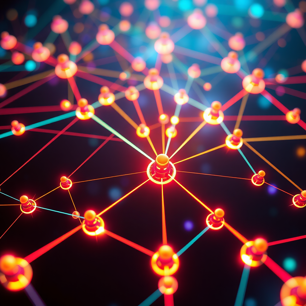 Visualize a stylized image of a network of interconnected nodes, each representing a customer or website visitor. The nodes are connected by bright, colorful lines, representing targeted traffic. The color palette should be vibrant and dynamic, using a variety of colors to represent different customer segments. The lighting should be bright and clear, emphasizing the network's connectivity. Use a wide-angle shot to capture the network's overall structure. Relevant props include stylized digital devices and data streams. Style reference: data visualization. Technical specs: 4K resolution, high quality.