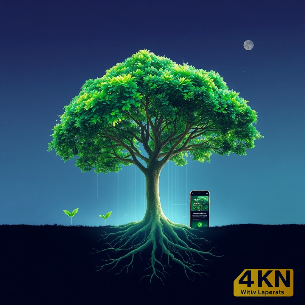 Visualize a stylized image of a time-lapse showing a small seed growing into a large, thriving tree. The tree's roots are deeply embedded in the ground, representing a strong foundation. Overlay the tree with digital data streams, symbolizing growth and innovation. The color palette should be vibrant and dynamic, using greens, blues, and purples. The lighting should be soft and ethereal. Use a low camera angle to emphasize the tree's growth. Relevant props include stylized digital devices displaying the brand's website. Style reference: futuristic nature illustration. Technical specs: 4K resolution, high quality.