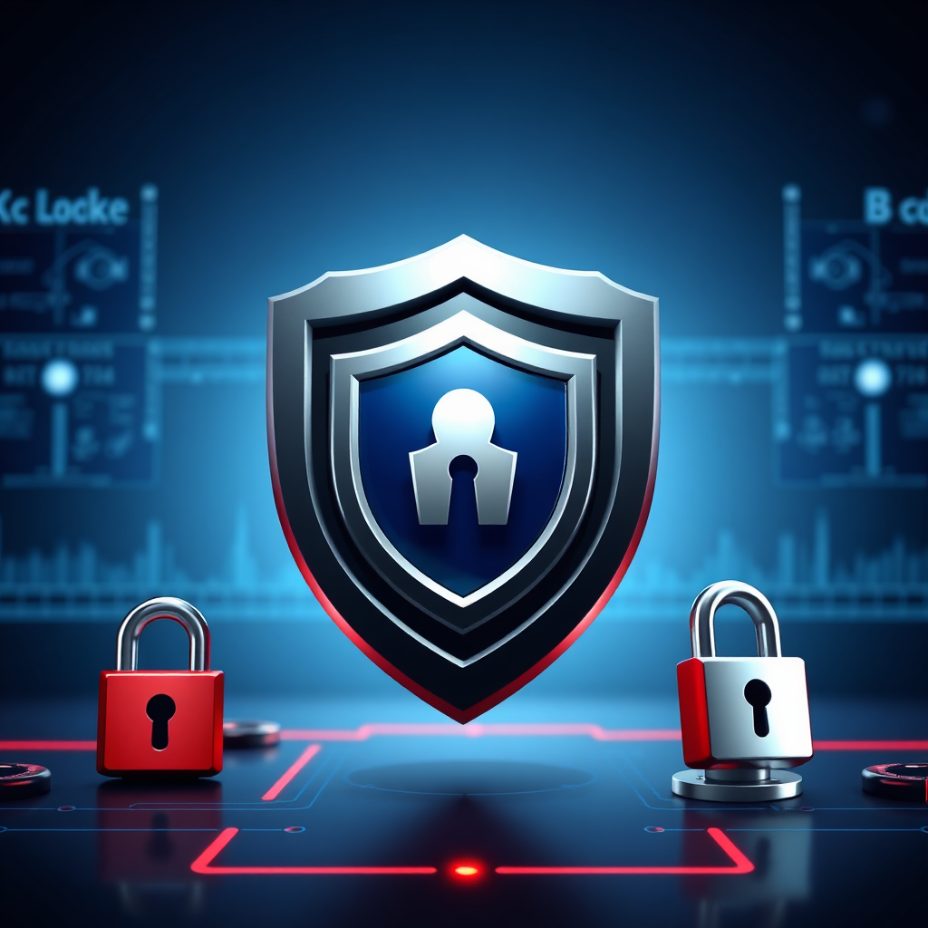 Visualize a stylized image of a shield protecting a brand logo from digital threats. The shield is strong and secure, representing the domain name's protective role. The color palette should be bold and authoritative, using blues, grays, and reds. The lighting should be dramatic, emphasizing the shield's strength. Use a medium shot to capture the shield's overall design. Relevant props include stylized digital locks and firewalls. Style reference: security illustration. Technical specs: 4K resolution, high quality.