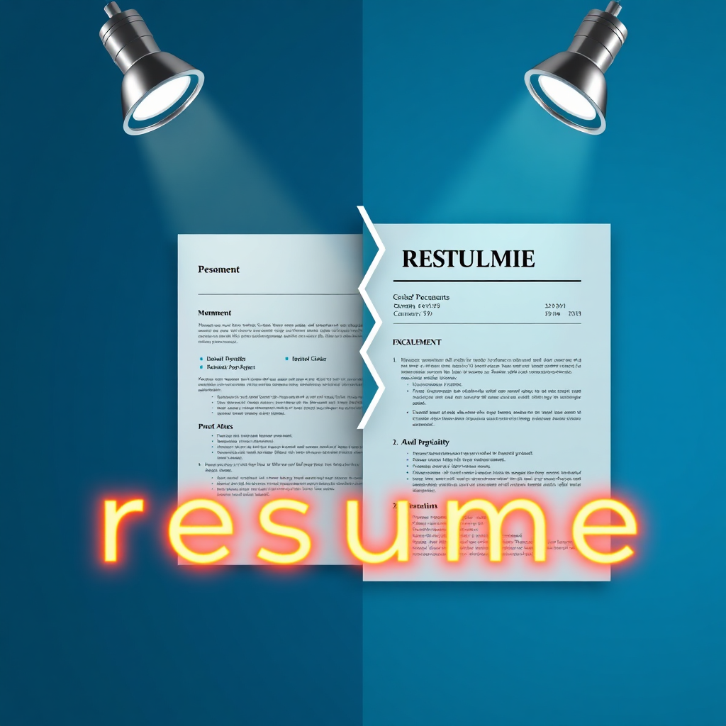 Visualize a stylized resume transforming from a standard document into a polished, professional presentation. Use visual cues like spotlights and glowing text to highlight the improvements. The background should be clean and minimalist, drawing attention to the resume itself. Color palette: professional blues and greens. 4k resolution, detailed textures.