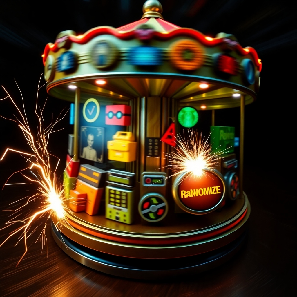 A carousel of themed icons (Sci-Fi, Fantasy, Horror) rotating rapidly. Beside the carousel, a spark of electricity jumps from a 'Randomize' button, creating a burst of imaginative energy. The overall feel is dynamic and suggestive of endless possibilities.