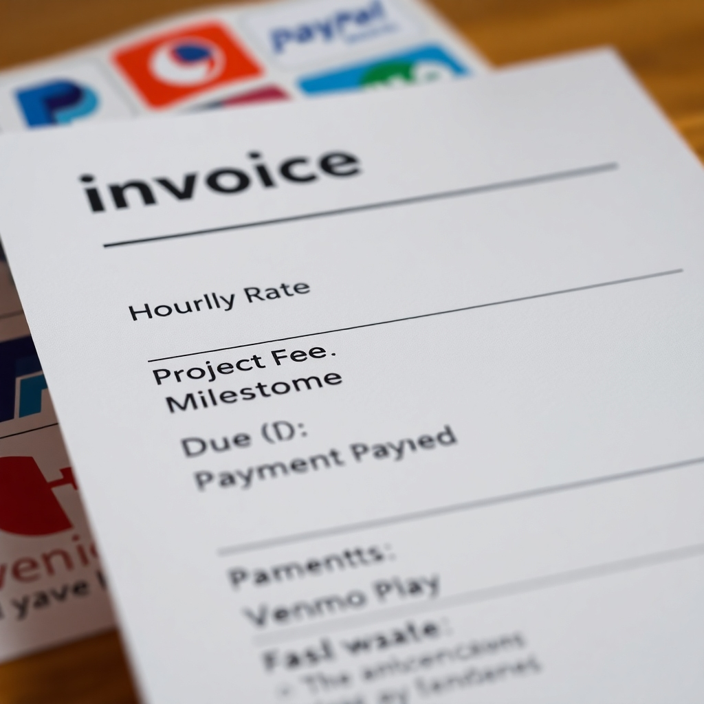 A close-up, detailed photorealistic image of a clean invoice showcasing various payment terms, such as 'Hourly Rate', 'Project Fee', 'Milestone Payment', 'Due Date', and 'Payment Method', with a subtle background showcasing various payment platforms and methods such as PayPal, Venmo, and bank transfers.