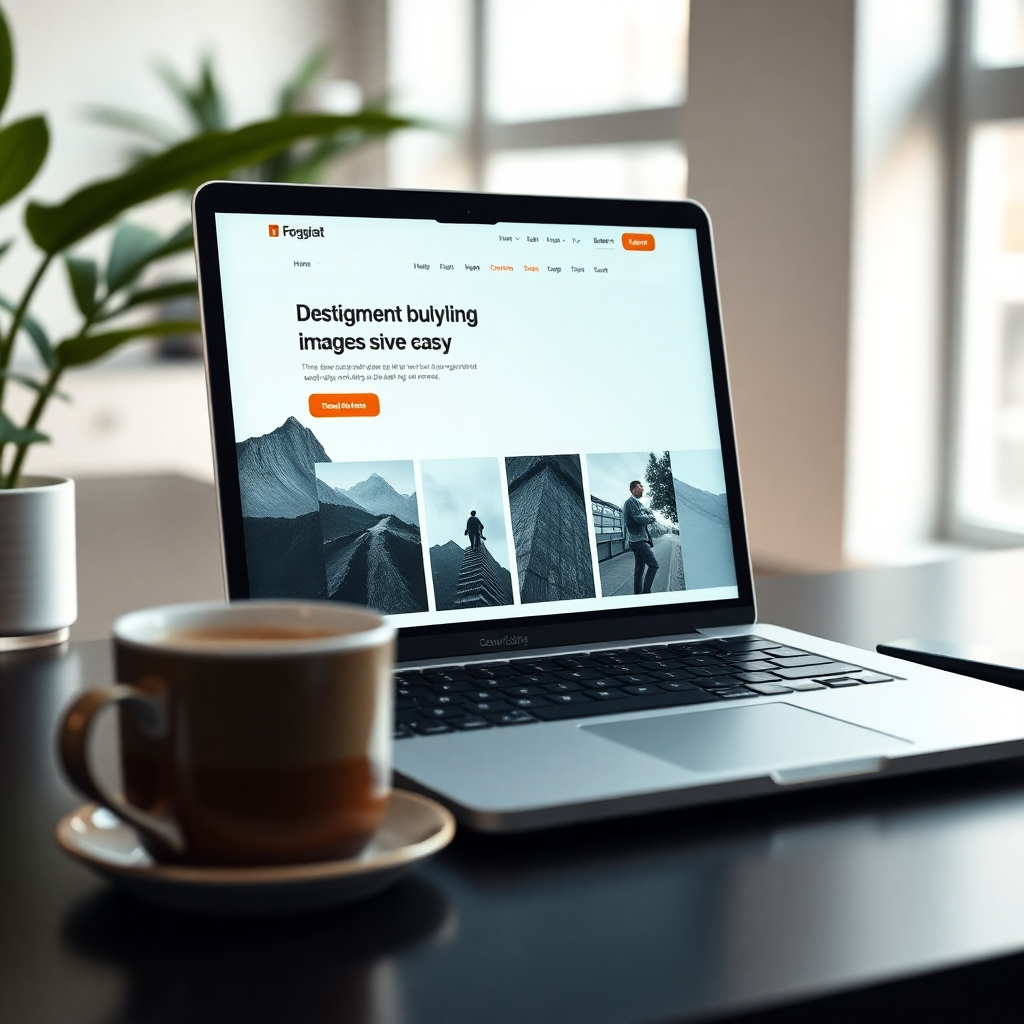 A close-up, photorealistic image of a sleek, modern website on a laptop screen, showcasing clean design, high-quality images, and easy navigation. The laptop should be positioned on a desk with a coffee cup and plant in a minimalist office setting.  The image should convey professionalism and high quality.