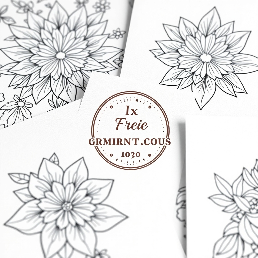A close-up, photorealistic image showcasing a selection of coloring pages featuring a subtle, elegant watermark logo. The logo should be professionally designed and blend seamlessly with the coloring page designs.  The coloring pages should be high quality, with sharp lines and vibrant colors. The background should be clean and simple, highlighting the coloring pages themselves.