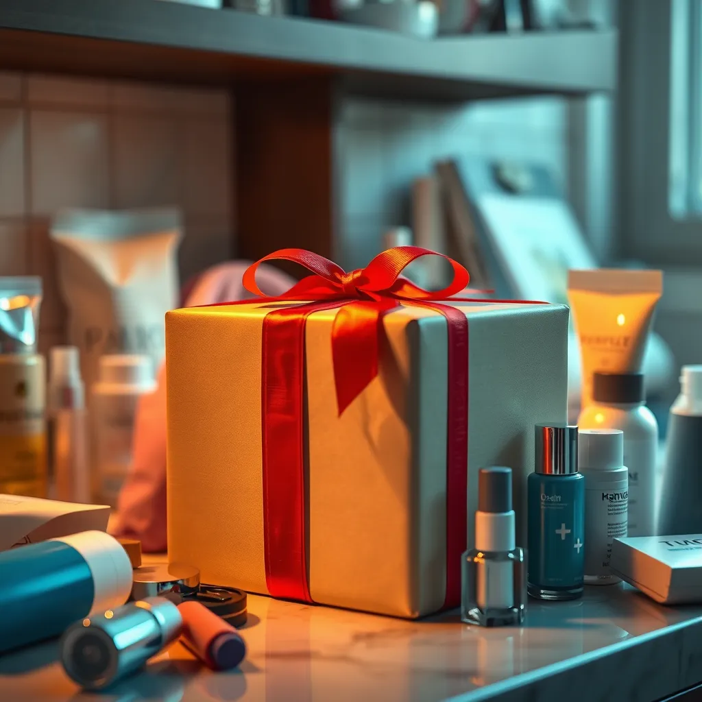A close-up shot of a beautifully wrapped gift box tied with a ribbon. The box is sitting on a countertop with a variety of other products scattered around it, like skincare items, makeup, and household goods. The scene is lit by warm, inviting light, suggesting a sense of celebration and surprise.