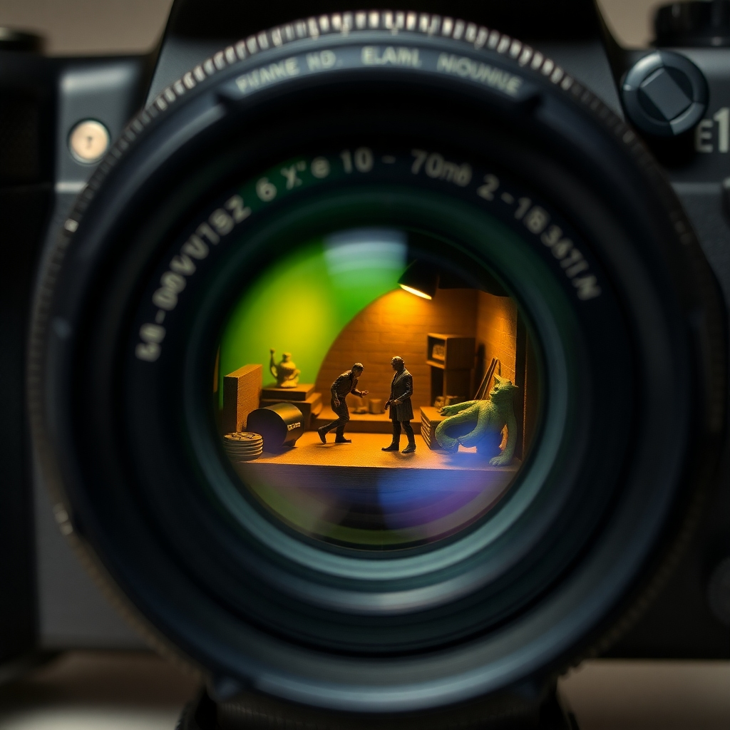A close-up shot of a complex camera lens with multiple adjustable rings and dials. The lens is focused on a miniature diorama representing a scene with carefully sculpted lighting and character poses. The image conveys a sense of meticulous control over every detail.