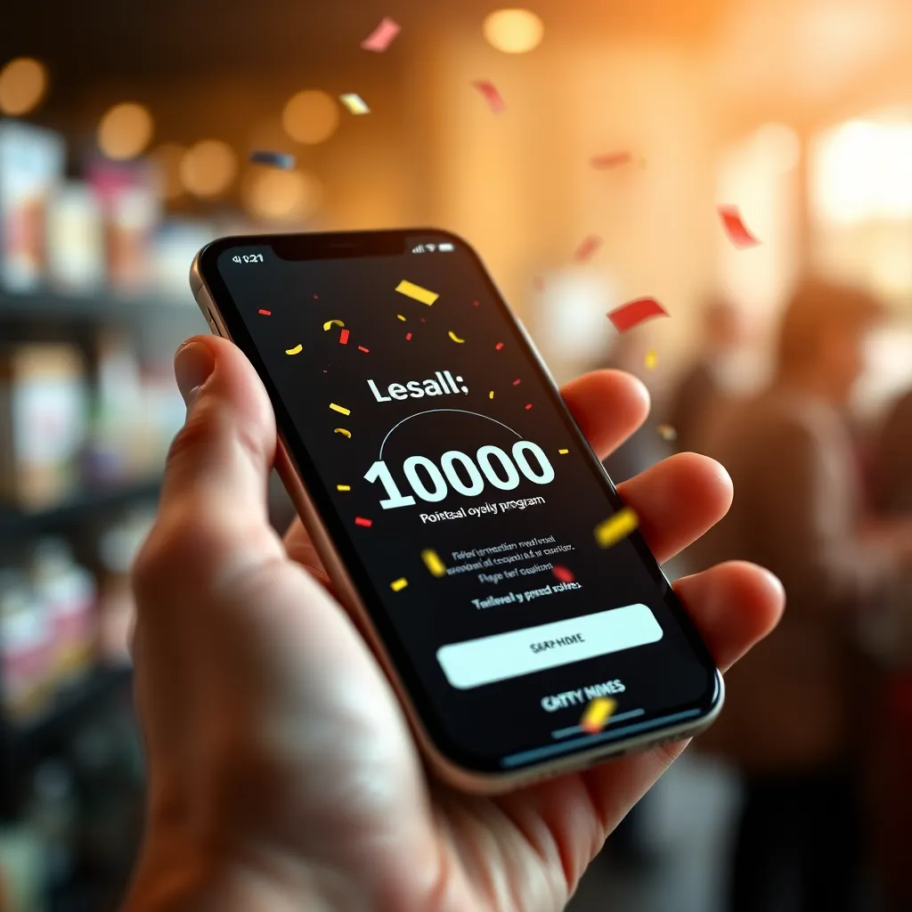 A close-up shot of a hand holding a smartphone displaying a loyalty program app. The screen shows points accumulating rapidly, with a cheerful animation and celebratory confetti. In the background, blurred images of various products suggest a wide range of redemption options.