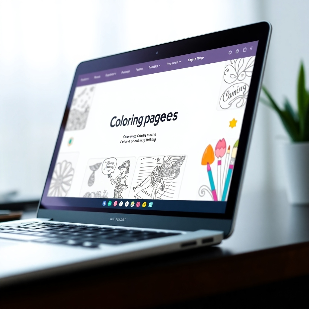 A close-up shot of a laptop screen displaying a beautifully designed Canva mockup showcasing the coloring pages bundle. The mockup should look professional and eye-catching, with a clean layout and vibrant colors. The background should subtly blend with the overall aesthetic.