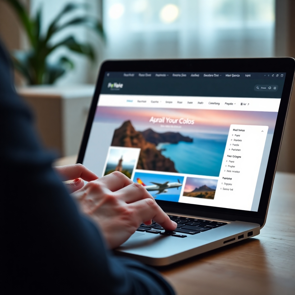 A close-up shot of a person's hands using a laptop, effortlessly dragging and dropping website elements onto a screen displaying a travel agency website template. The interface should be clean and intuitive, with clearly labeled options for colors, fonts, and images.  The background should be subtly blurred, focusing the viewer on the hands and the screen. The overall mood should be one of ease and efficiency.