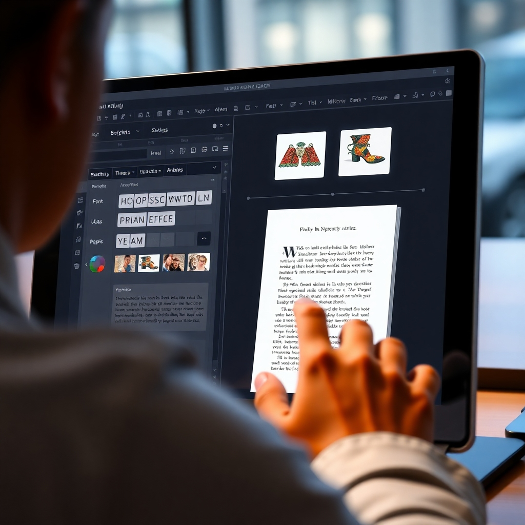 A close-up shot of a person using a sleek design software interface, customizing an ebook template.  The interface shows options for font selection, color palettes, and image uploads.  The ebook preview displays a beautifully designed page. The scene is brightly lit and modern, emphasizing ease of use.