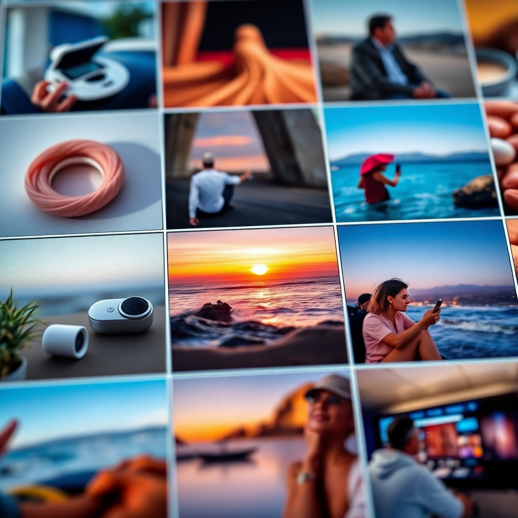 A close-up shot showcasing a captivating Instagram feed filled with high-quality, aesthetically pleasing images and short videos.  The images include stunning product photography, lifestyle shots, and engaging behind-the-scenes glimpses.  The overall style is clean, modern, and visually consistent, with a clear brand identity.