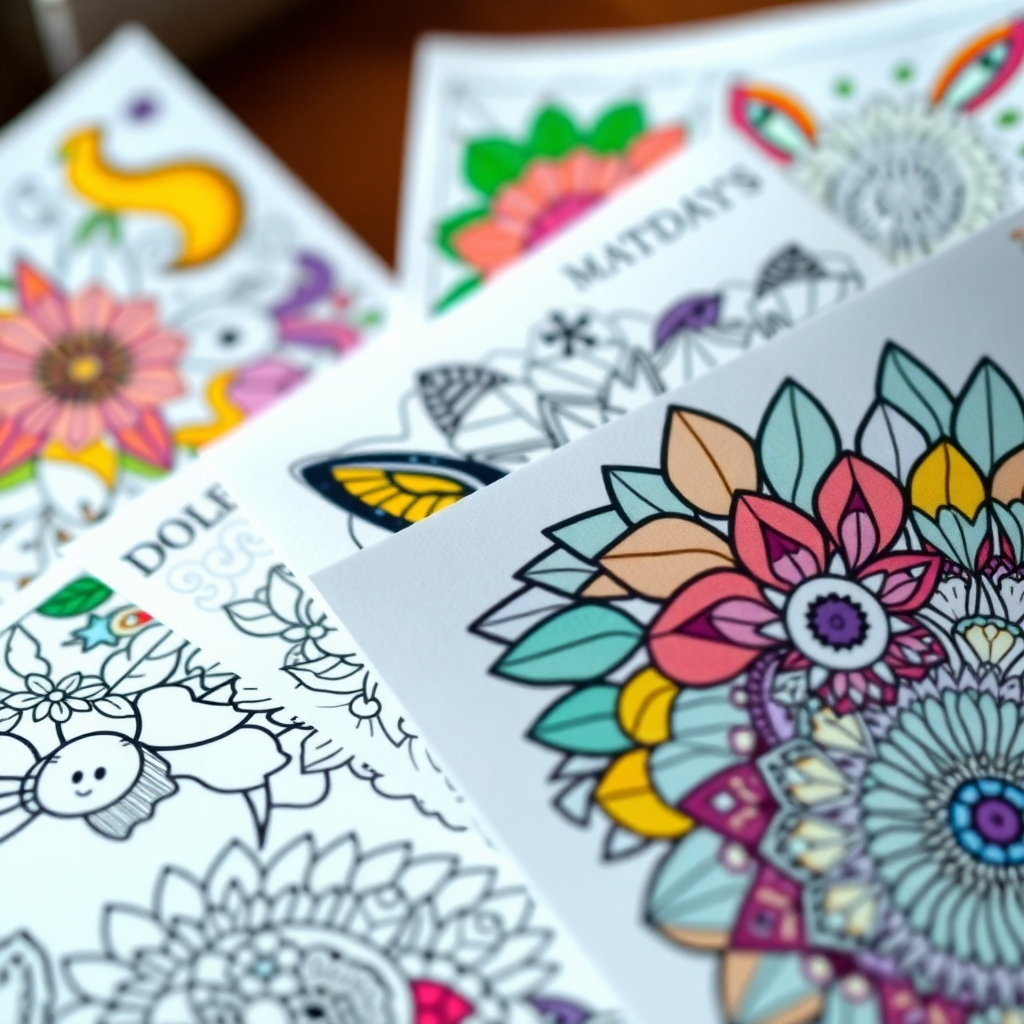 A close-up shot showcasing a variety of intricate and colorful coloring pages from the bundle, highlighting different themes like animals, mandalas, and holiday designs.  The pages should be printed on high-quality paper, showing off vibrant colors and fine details.  The background should be slightly blurred, focusing attention on the intricate details of the coloring pages. The lighting should be soft and natural, enhancing the vibrancy of the colors.