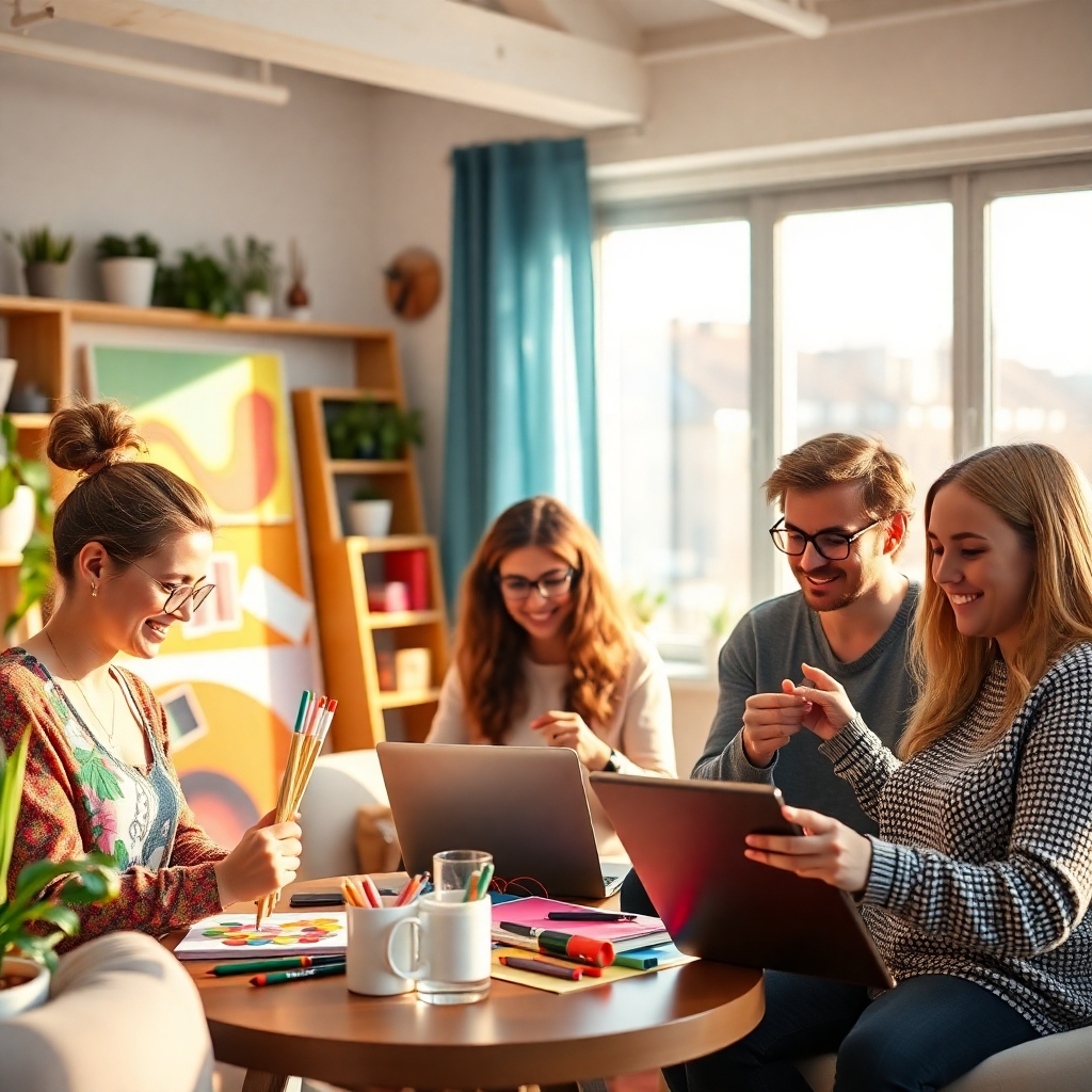 A diverse group of people happily engaged in various activities; one person is painting, another is coding, a third is crafting, and a fourth is teaching online, all in bright, well-lit spaces that feel comfortable and creative. Photorealistic style, vibrant colors, focus on happiness and engagement.