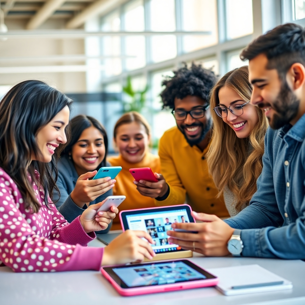 A diverse group of people of different ages and backgrounds are happily interacting with a social media feed on various devices such as smartphones, tablets and laptops. The background is a vibrant and modern office space with natural light. The overall mood is cheerful and collaborative.