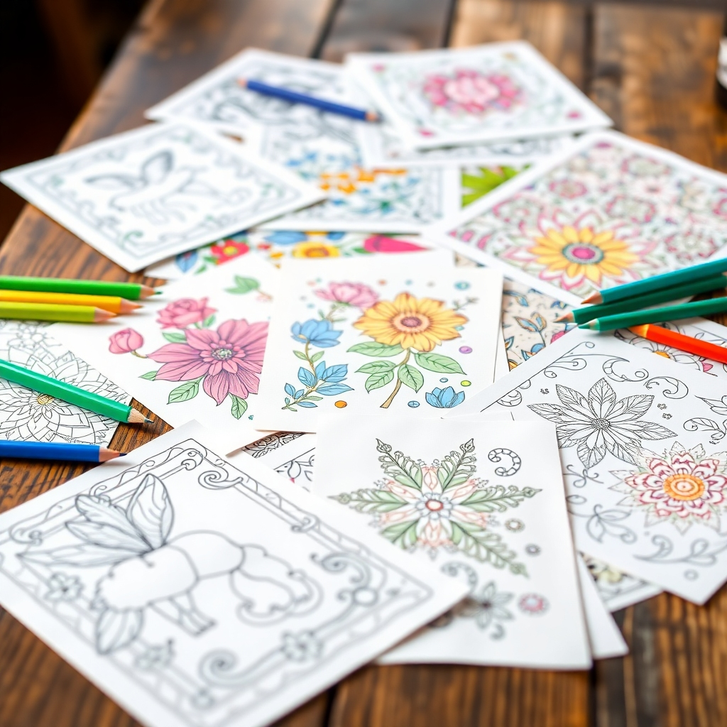 A flatlay photo showcasing a diverse array of coloring pages spread on a rustic wooden table. Include various themes like animals, mandalas, flowers, and holiday designs. High-quality printing and vibrant colors are visible. The background is blurred, focusing attention on the colorful pages. The lighting should be natural and soft, enhancing the detail and texture of the paper.
