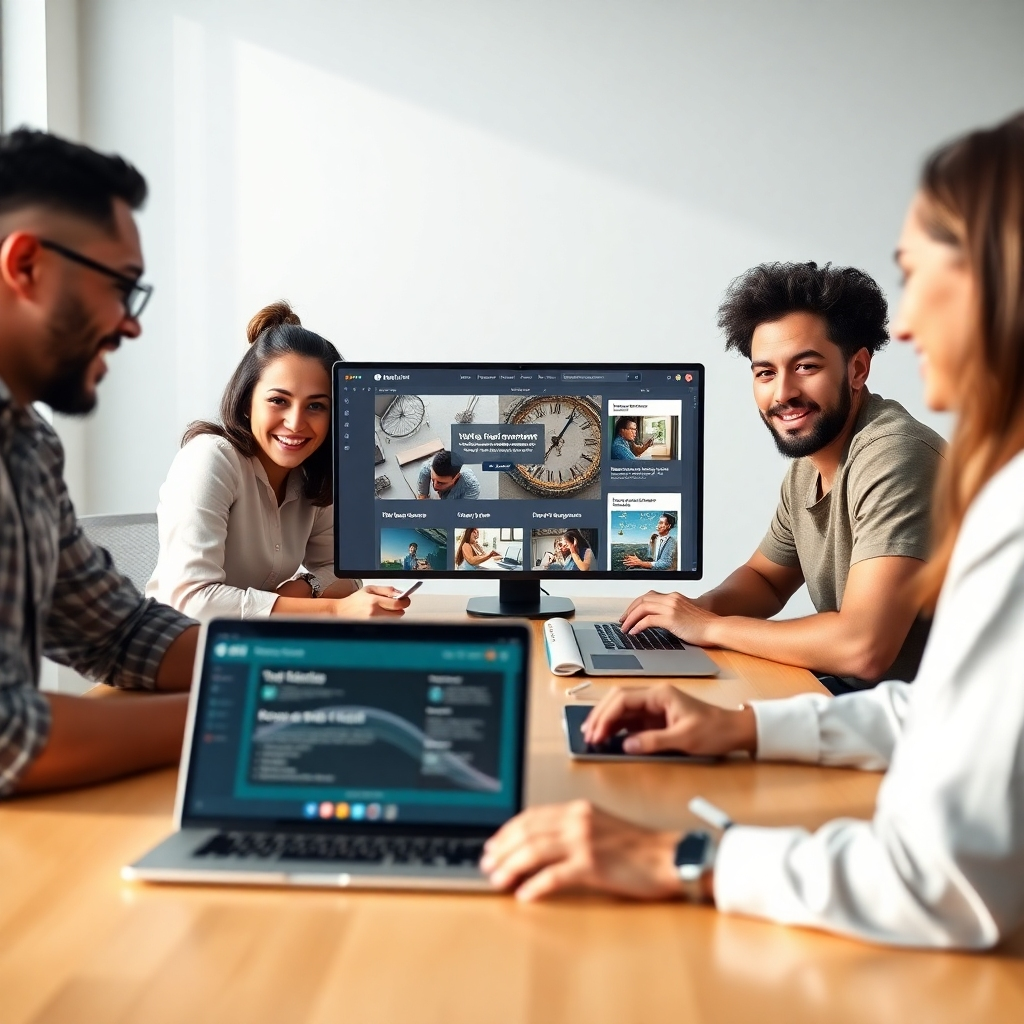 A friendly, diverse team of people collaborates around a table, using laptops to build a website with WebAidR.  The screen displays the WebAidR interface showcasing AI features like content generation and design suggestions. Bright, modern office setting. Photorealistic style.
