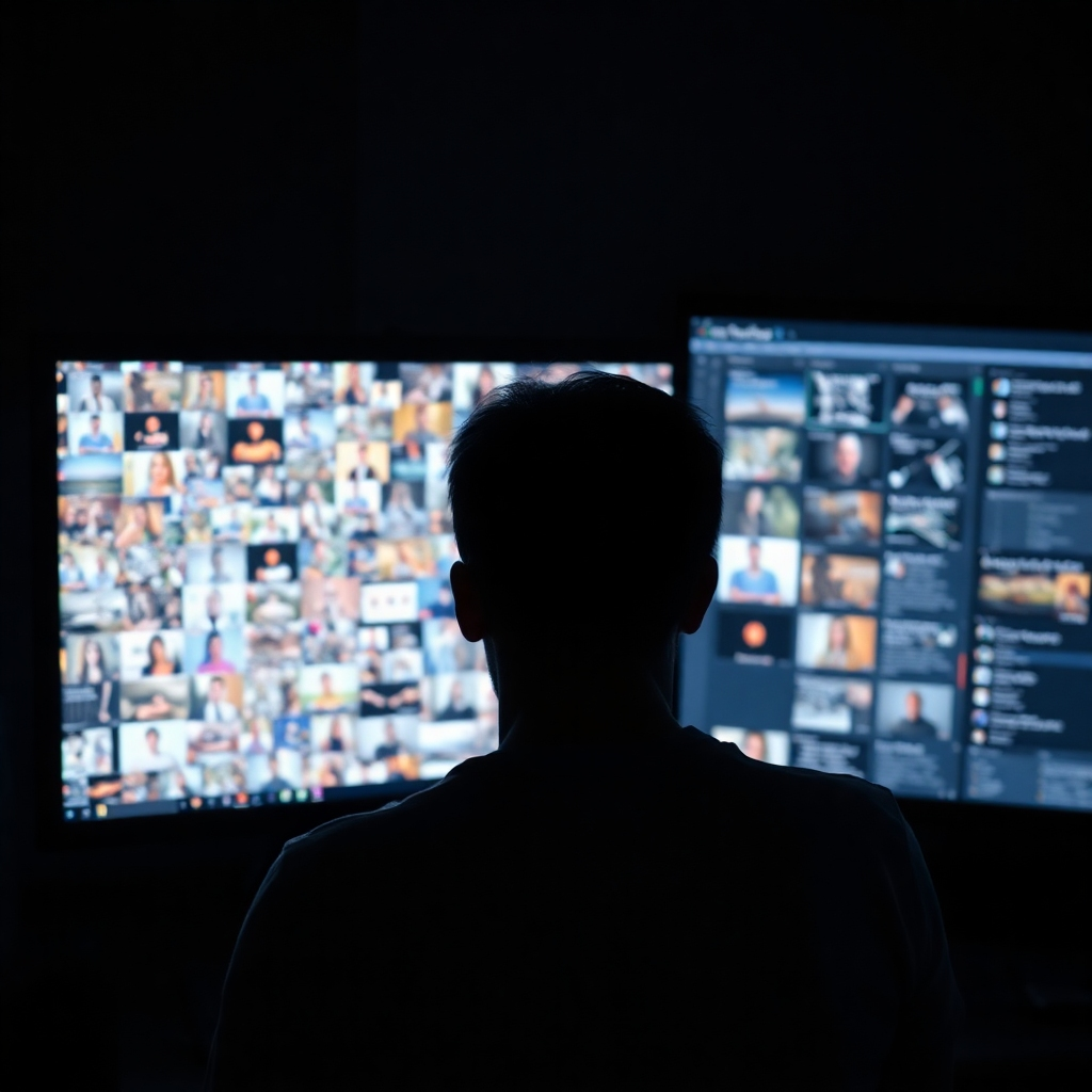 A frustrated artist staring blankly at a computer screen displaying a jumbled mess of AI-generated images that don't match their vision. The scene is dimly lit and evokes a sense of creative block. In contrast, subtly hint at a more organized interface in the background, suggesting a potential solution.