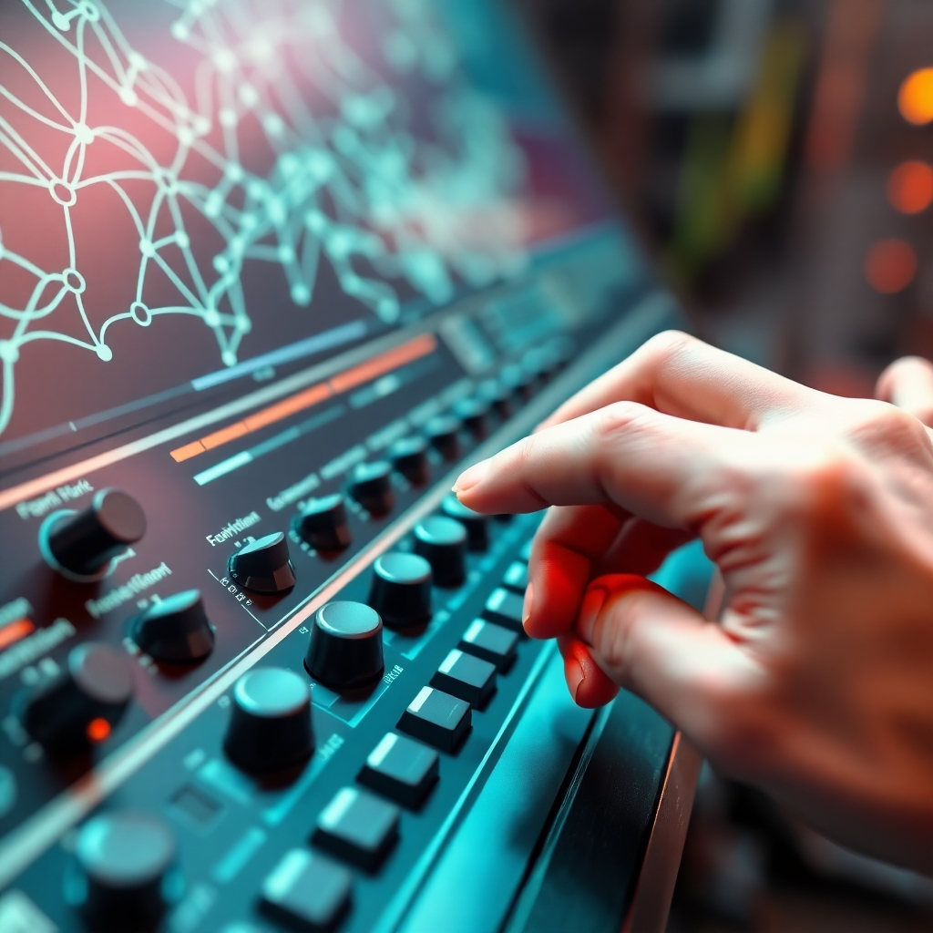 A hand confidently adjusting various sliders and knobs on a futuristic control panel. The panel is connected to a neural network visually represented as branching node connections. The scene is well-lit and conveys a sense of precision, control, and empowerment over the AI generation process.