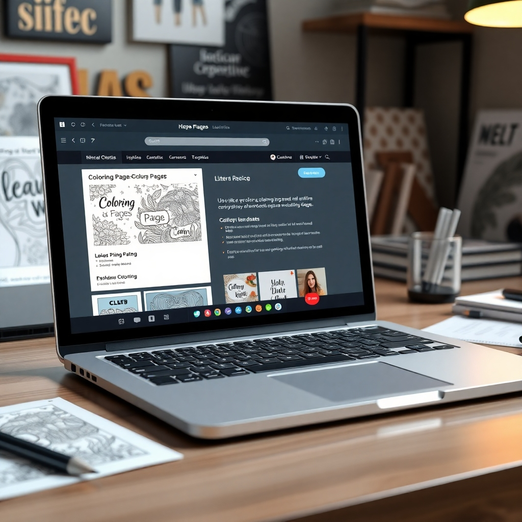 A high-angle shot of a laptop displaying a professionally designed Etsy listing for the coloring pages, using one of the provided Canva mockup templates. The listing should be attractive, highlighting the coloring pages and their benefits.   The background is a stylish workspace with other digital marketing materials. The image needs to emphasize the professional and well-designed appearance of the listing and templates.