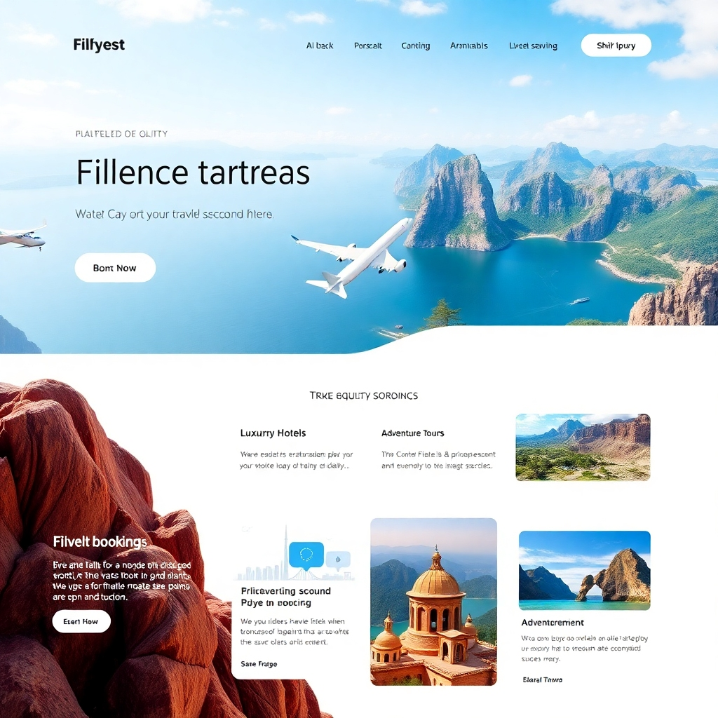 A high-resolution image showcasing a modern travel agency website's homepage.  The website should feature large, high-quality images of diverse travel destinations, interspersed with clear sections highlighting various services: 'Flight Bookings,' 'Luxury Hotels,' 'Adventure Tours,' etc., each with a brief description and a call to action button. The overall design should be clean, professional, and visually appealing, with a focus on showcasing the variety and quality of the travel services offered.