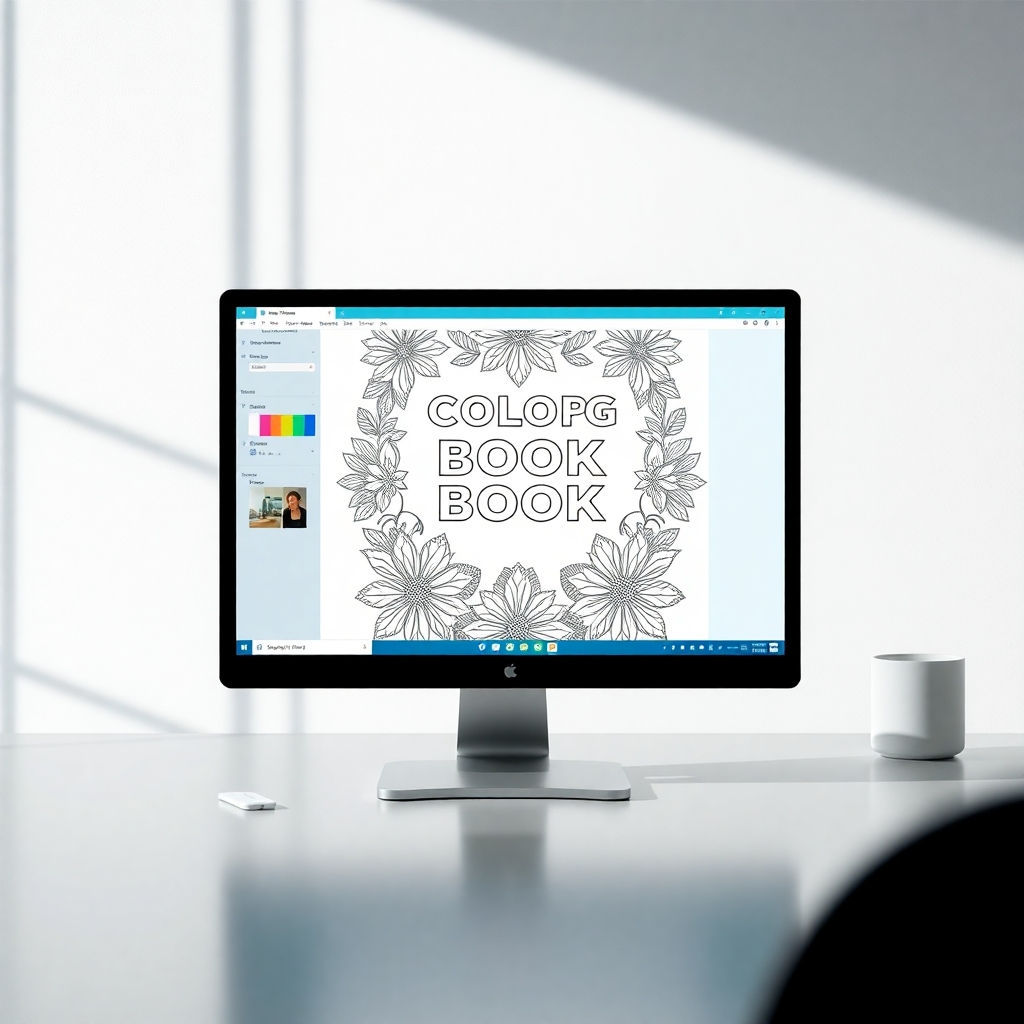 A high-resolution image showcasing a digital screen displaying a mock-up of a coloring book cover created using Canva. The image should highlight the professional, visually appealing design, with a clear display of the Canva interface subtly visible in the background. The overall mood should be clean, modern, and sophisticated.