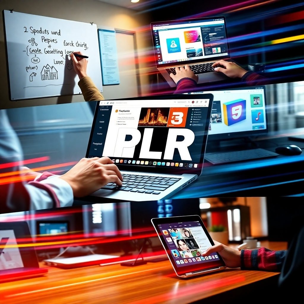 A hyperrealistic, ultra-detailed image depicting a fast-paced montage of various stages of PLR product creation. Scenes include: a person brainstorming ideas on a whiteboard; hands swiftly typing on a keyboard; graphic design software with vibrant visuals; a 3D rendered product mockup; a final published PLR product displayed on a tablet; and finally, the product being promoted on various social media platforms. The lighting should be dynamic, shifting between bright and focused spots and dramatic shadows, reflecting the energy and speed of product creation. The color palette is bold and vibrant, using contrasting colors to highlight key aspects of the process.  The camera angles and perspectives should vary dynamically, conveying a sense of motion and fast-paced editing. The textures and materials should be exceptionally detailed, showcasing the crispness of digital interfaces, the smoothness of the tablet screen, and the tactile quality of the physical product mock-up.  Environmental elements should include a modern, tech-savvy workspace, with high-tech gadgets and accessories.  The style is similar to a high-energy promotional video, with a fast-paced and exciting mood. The overall style should aim for a hyperrealistic, cinematic feel, emphasizing the efficiency and speed of the PLR product creation process.
