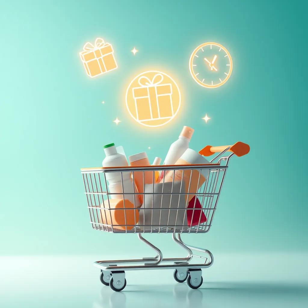 A modern, minimalist shopping cart filled with various products. Above the cart, floating and glowing, are icons representing bonus offers: a gift box, a percentage sign, and a clock with a plus sign. The background is a soft, abstract gradient of blue and green, conveying a sense of excitement and value.