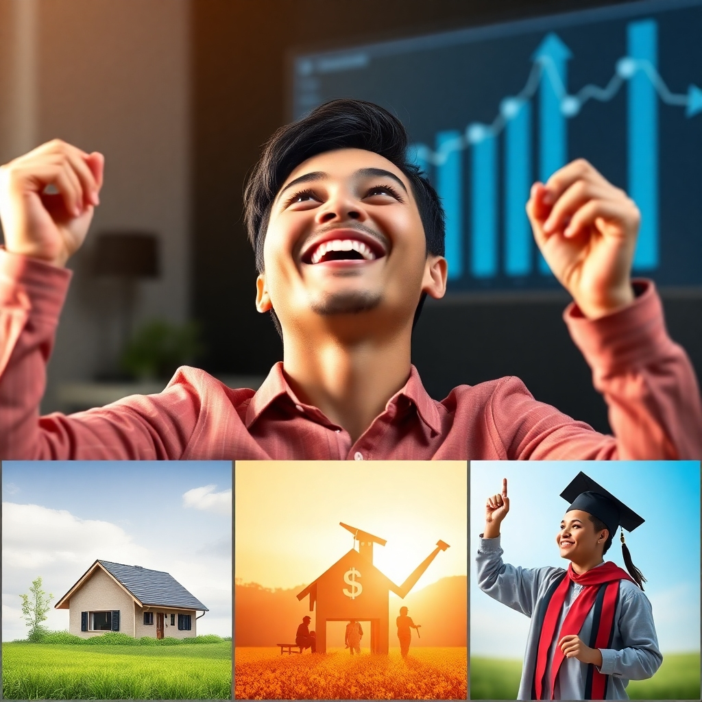 A person joyfully looking at a financial graph showing significant growth, while other images show money savings, a down payment check on a house, a relaxing vacation scene and a graduation ceremony. Use sharp focus and bright colors to symbolize success, prosperity, and fulfillment.