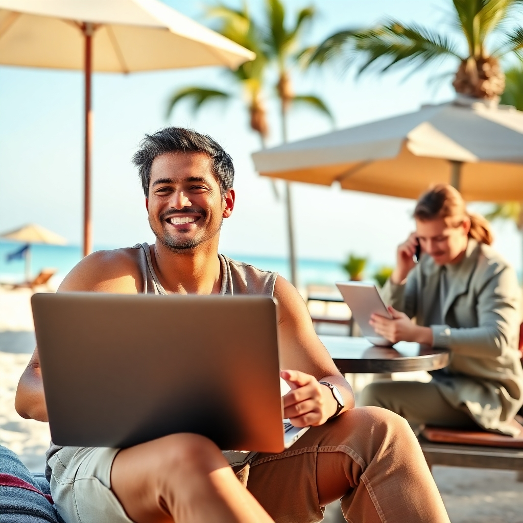 A person smiling while working on a laptop on a sunny beach; another person is working on a tablet in a coffee shop, while a third is taking a phone call in a park. Emphasize the natural and carefree atmosphere, high-resolution image with natural light.