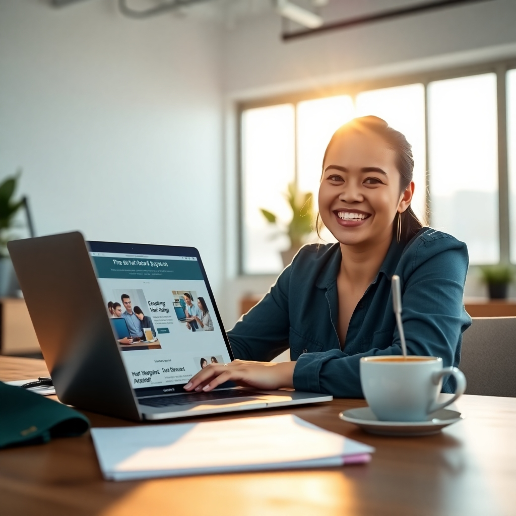 A photorealistic, 8K resolution image depicting a person smiling confidently at a laptop, showcasing a well-designed PLR product sales page. Soft, warm lighting illuminates the scene, creating a positive and inviting atmosphere. The color palette consists of calming blues and greens with accents of gold. The camera angle is slightly elevated, offering a close-up perspective of the person and laptop. The laptop screen displays a professional-looking sales page with high-quality graphics and persuasive copy.  The person's workspace includes neatly organized documents and a steaming cup of coffee, suggesting productivity and success. The background features a modern, minimalist office setting with a large window showcasing a bright, sunny day. The image should evoke feelings of success, efficiency, and empowerment, reflecting the potential of PLR products.  The style should be similar to a high-end corporate lifestyle shot, focusing on clean lines and sophisticated aesthetics.  Textures and materials should be highly detailed, highlighting the smooth surface of the laptop, the soft texture of the fabric, and the subtle grain of the wooden desk.