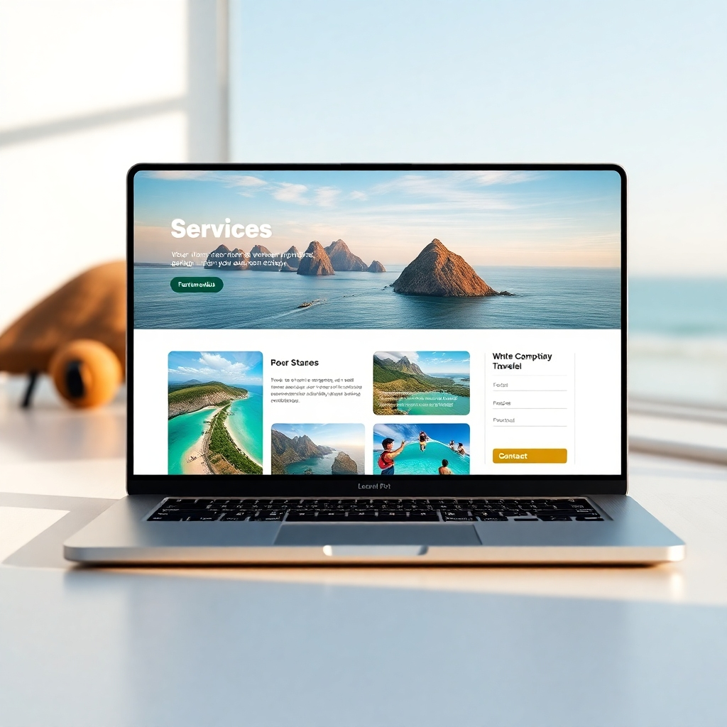 A photorealistic, ultra-high-quality image (8K resolution) of a sleek, modern one-page website design for a travel agency. The website showcases stunning travel photography, including vibrant landscapes, cityscapes, and adventurous activities.  The layout is clean and intuitive, featuring sections for services, testimonials, and a contact form. Soft, diffused lighting creates a calm and inviting atmosphere. The color palette is sophisticated and elegant, using calming blues and greens accented with warm golds. The image should be taken from a slightly elevated angle, emphasizing the overall layout and design.  Texture and material details should be highly realistic, with subtle textures on the background and the use of clean typography. The scene includes a MacBook Pro displaying the website, showcasing details in high definition. The style should emulate the work of renowned website designers, conveying a sense of professional and modern design,  emphasizing a visually appealing design. The background is a subtly blurred image of a tropical beach.  The overall mood is professional, sophisticated, and inviting, evoking a sense of trust and reliability.