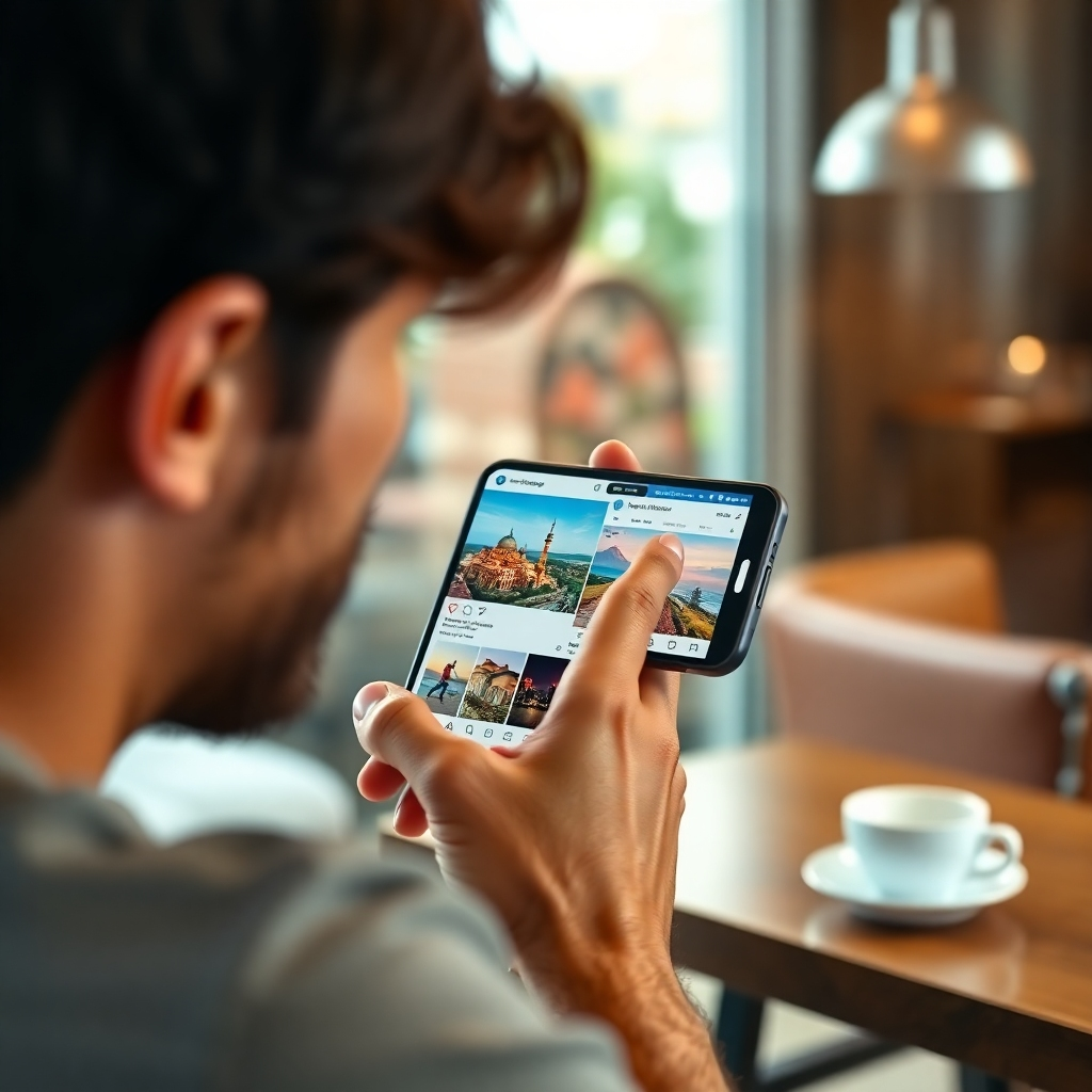 A photorealistic, ultra-high-quality image (8K resolution) depicting a person looking at their phone which displays a vibrant travel agency's Instagram page.  The page features high-quality images of various travel destinations, engaging captions, and customer testimonials. The overall style emulates successful travel brands, emphasizing high-quality visuals and a consistent brand identity.  The lighting is soft and natural, with warm tones. The color palette is consistent with the agency's branding, emphasizing bright and exciting colors reflective of travel adventures. The background shows a cozy coffee shop with soft lighting enhancing the overall mood.  The scene is taken from a close-up perspective focusing on the phone screen and the user's expression.  High-definition details should be emphasized; the quality of each image, typography, and user interface elements should be rendered in a hyperrealistic way. The image must be composed to create a sense of engagement and excitement related to the travel agency and the provided social media marketing services.