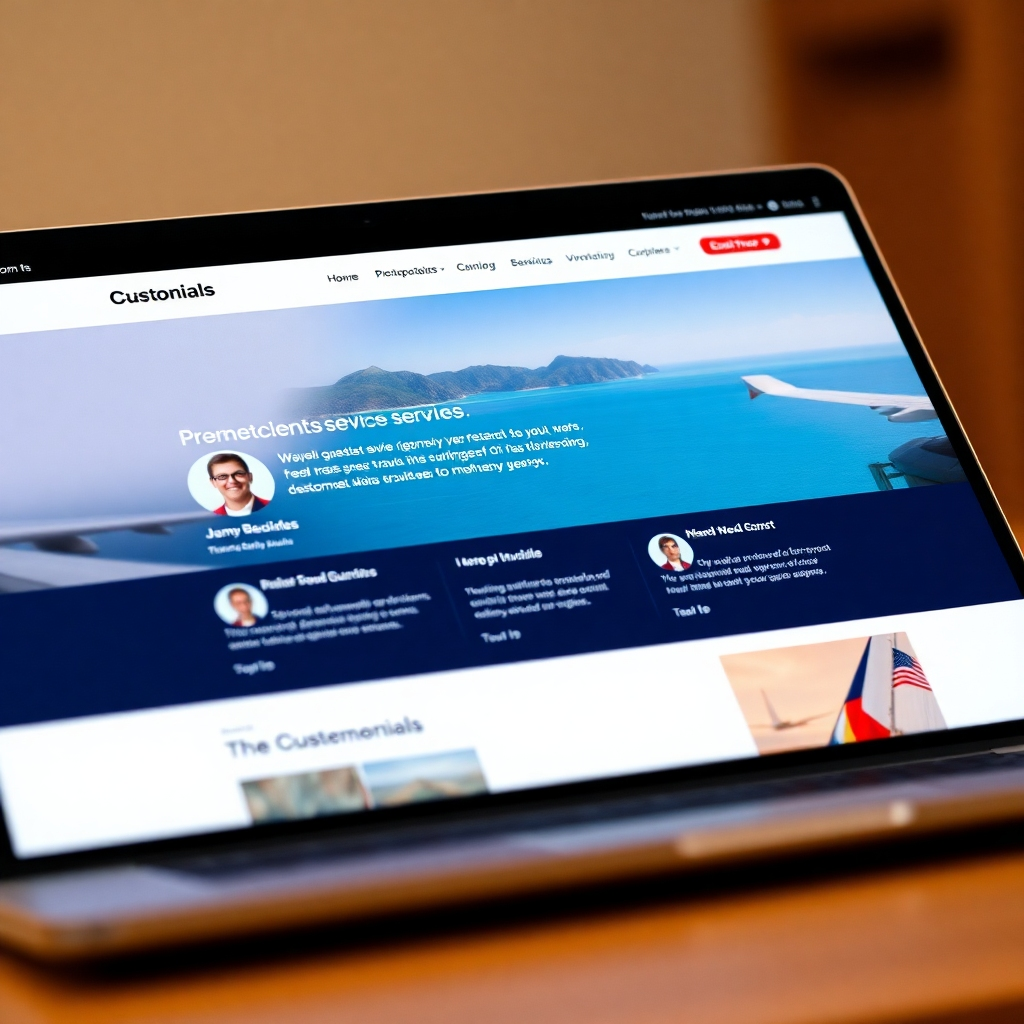 A photorealistic close-up of a laptop screen displaying a travel agency website. The screen prominently features a section dedicated to client testimonials. Each testimonial should include a customer's headshot, their name, and a positive review of the agency’s services. The overall design should be clean and visually appealing.