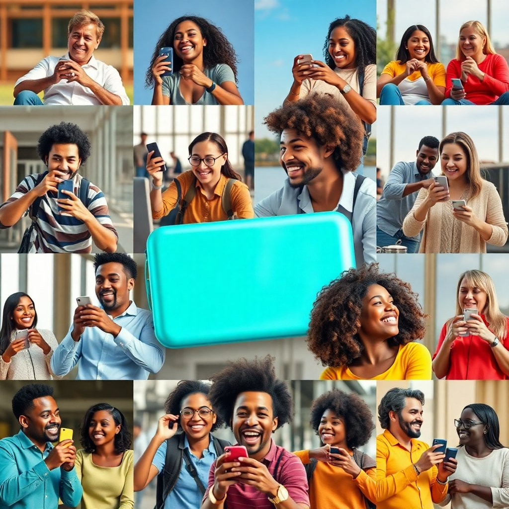 A photorealistic collage of diverse individuals using and enjoying a fictional product.  The images should be vibrant and high-quality, showing people in a range of settings. The collage should be arranged aesthetically, with a consistent color scheme and style. The overall feel should be energetic and positive. High resolution, sharp focus, diverse representation.