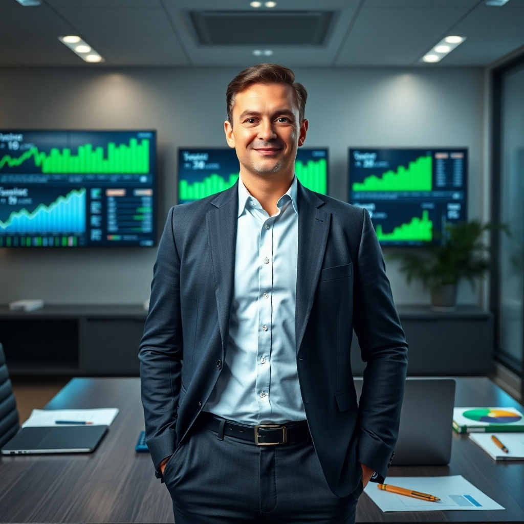 A photorealistic image, rendered in 8K resolution, showcasing a confident entrepreneur standing in a modern, sleek office. The scene is brightly lit with soft, diffused lighting.  The color palette is a mix of sophisticated grays and blues, complemented by accents of vibrant green to symbolize growth and prosperity. The camera angle is a medium shot, capturing the entrepreneur from the waist up. The entrepreneur is dressed in sharp business attire, radiating confidence and success.  The background features multiple screens displaying charts, graphs, and financial data indicative of substantial profits.  Visible on the desk are neatly arranged documents, a sophisticated laptop, and a gold-colored pen representing high-value products.  The image should reflect a professional yet approachable style, evoking feelings of success, wealth, and security. The textures and materials are extremely detailed, highlighting the smooth surfaces of the technology and the subtle textures of the clothing.  The image should be in the style of a successful business portrait, emphasizing clarity, professionalism, and a sense of financial accomplishment.