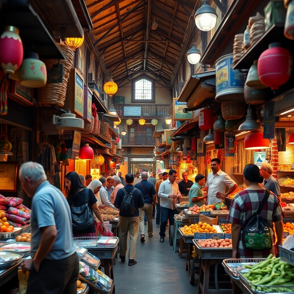 A photorealistic image depicting a vibrant and bustling marketplace in a foreign country, with detailed depictions of local goods, foods, and architecture.  Include diverse people interacting, with a focus on conveying an immersive cultural experience.  The lighting should be warm and inviting, with a focus on rich textures and colors. The image should evoke a sense of exploration and discovery, highlighting the diversity of experiences within pre-planned tours.