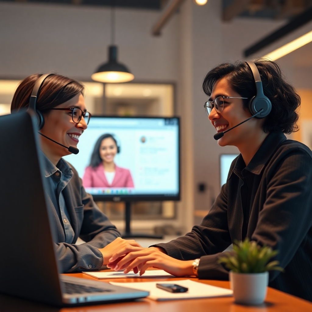 A photorealistic image depicting a friendly customer support representative helping a client via video call, with both individuals smiling. The background should subtly include the WebAidR platform interface, demonstrating its user-friendliness. The lighting should be warm and inviting.