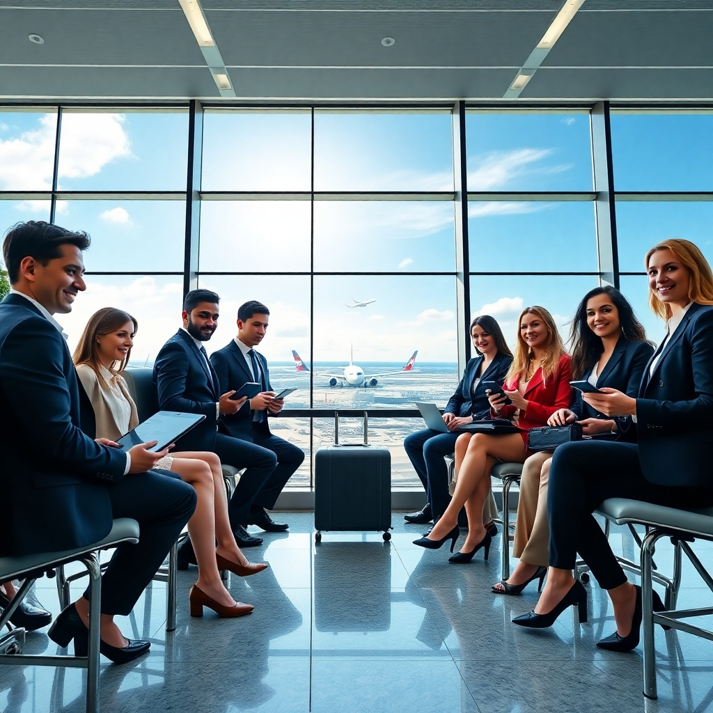 A photorealistic image depicting a diverse group of business professionals, smartly dressed, looking confident and relaxed in the modern departure lounge of an airport. They are using various devices such as laptops, tablets, and smartphones. The background should showcase a panoramic view through a large window, showing airplanes taking off in a bright, sunny sky, with a sleek, modern airport terminal design visible. The overall mood should be professional, efficient, and positive.