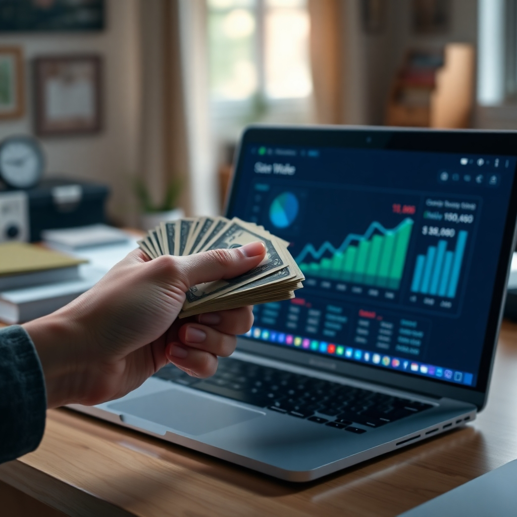 A photorealistic image depicting a hand holding a stack of cash with a laptop displaying a sales dashboard showing significant revenue increases.  The background should be blurred but show a home office with a slightly messy desk, suggesting work-from-home success.