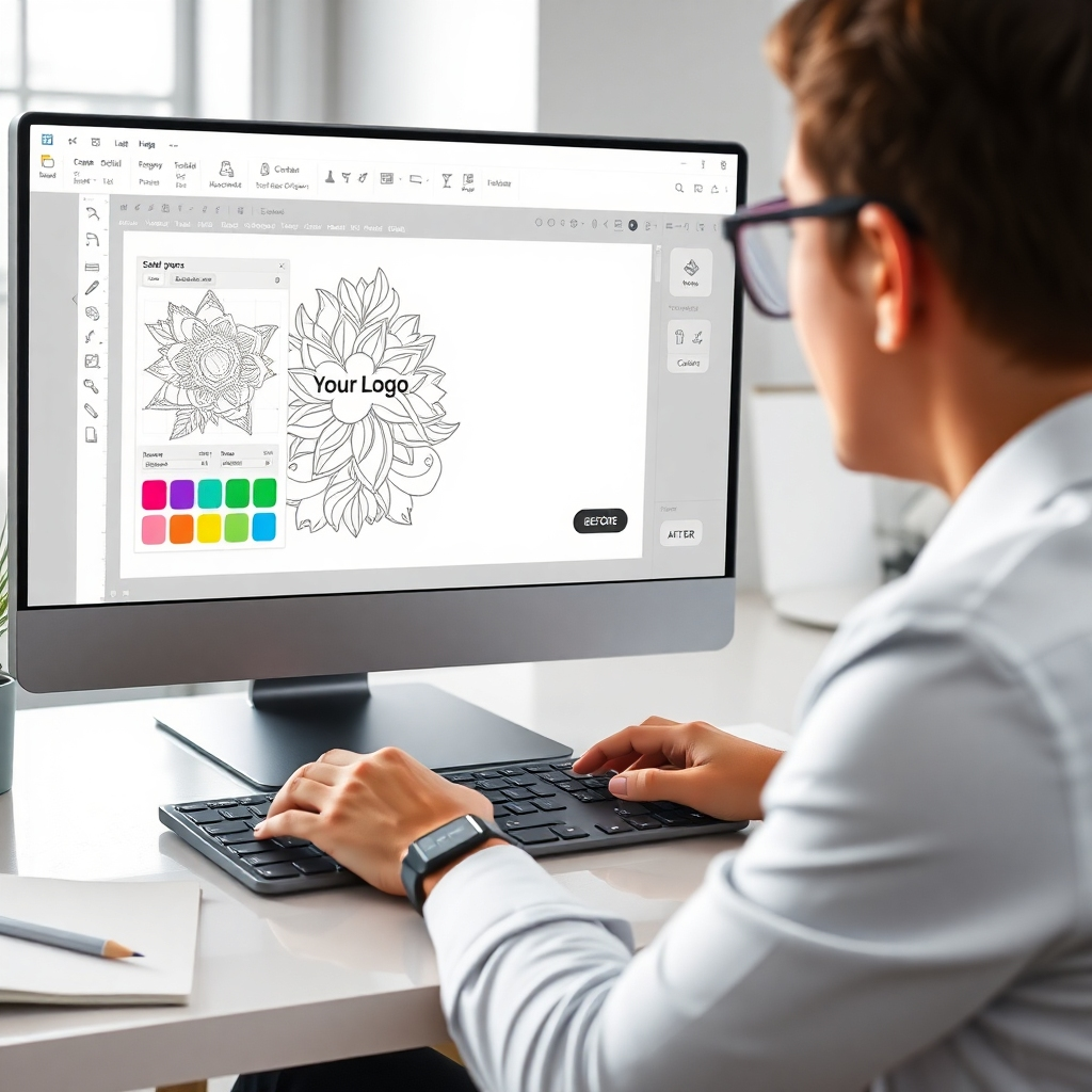 A photorealistic image depicting a person using design software to add their logo and brand colors to a coloring page design. The screen clearly shows the before-and-after, highlighting the easy customization process. The overall mood should be professional, clean, and productive. The software interface should be user-friendly and intuitive, demonstrating ease of use.