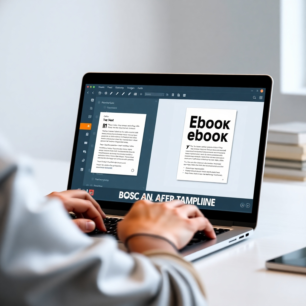 A photorealistic image depicting a person using a laptop with a user-friendly ebook design editor open. The interface should clearly show options for changing fonts, colors, adding images, and previewing changes.  The screen should display a side-by-side comparison of a before-and-after ebook design, showcasing the transformation from a basic template to a stylish and professional product. The background should be a minimalist workspace, emphasizing focus and creativity.